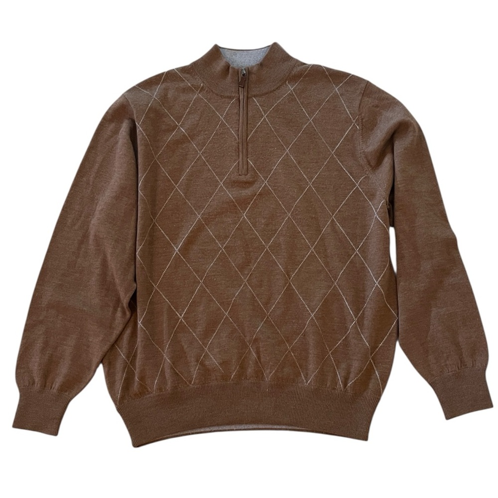 Peter Millar Camel Tan Argyle Wool Knit Sweater 1/4 Zip Long Sleeve Large